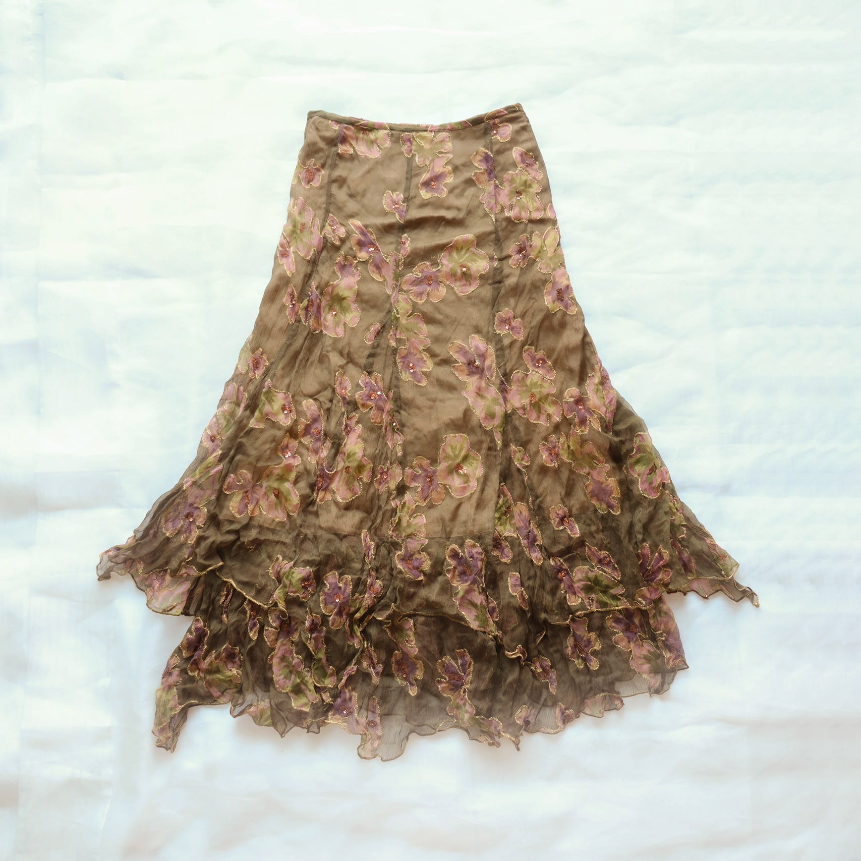 Vintage Whimsigoth Silk Beaded Flared Midi Skirt