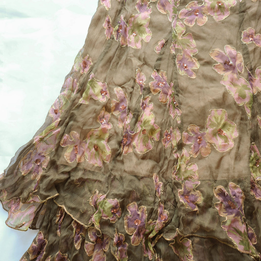 Vintage Whimsigoth Silk Beaded Flared Midi Skirt