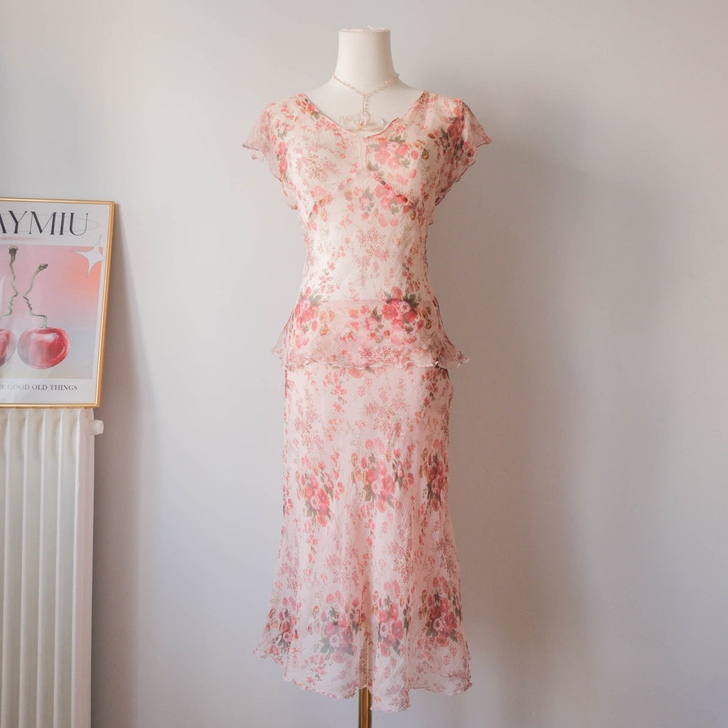 Vintage Dreamy Silk Floral Skirt Set