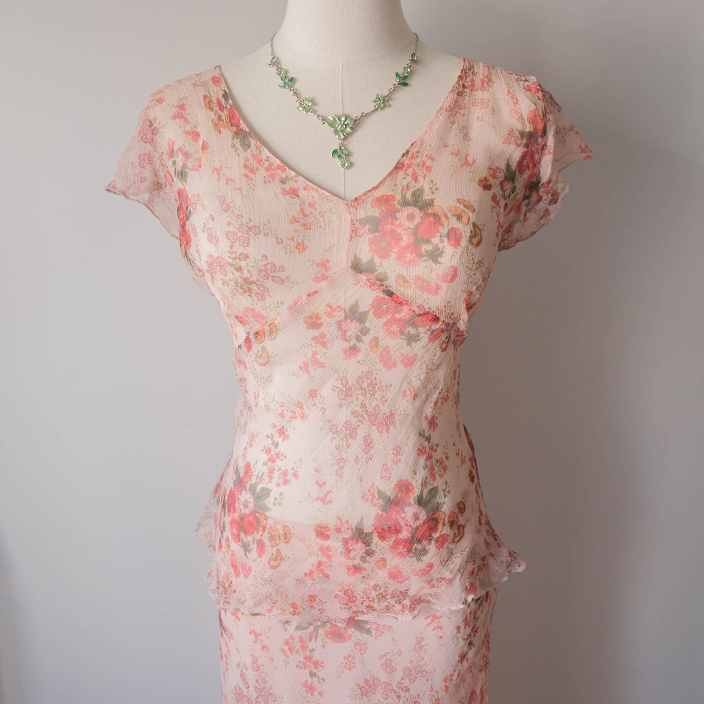 Vintage Dreamy Silk Floral Skirt Set