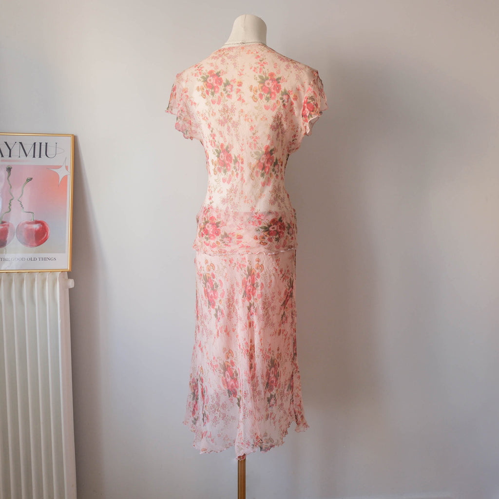 Vintage Dreamy Silk Floral Skirt Set