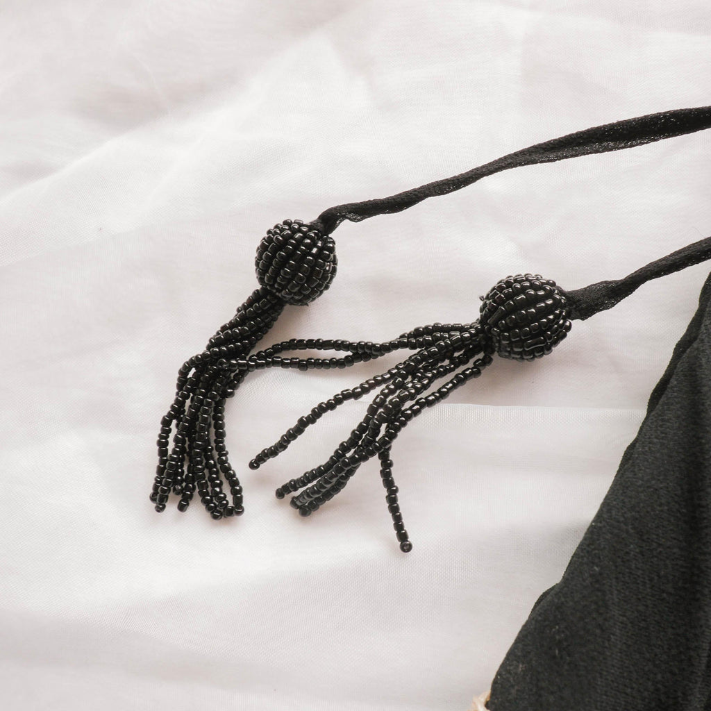 Vintage Black Silk & Seashell Bead Embellished Ruffle Midi Dress Gown