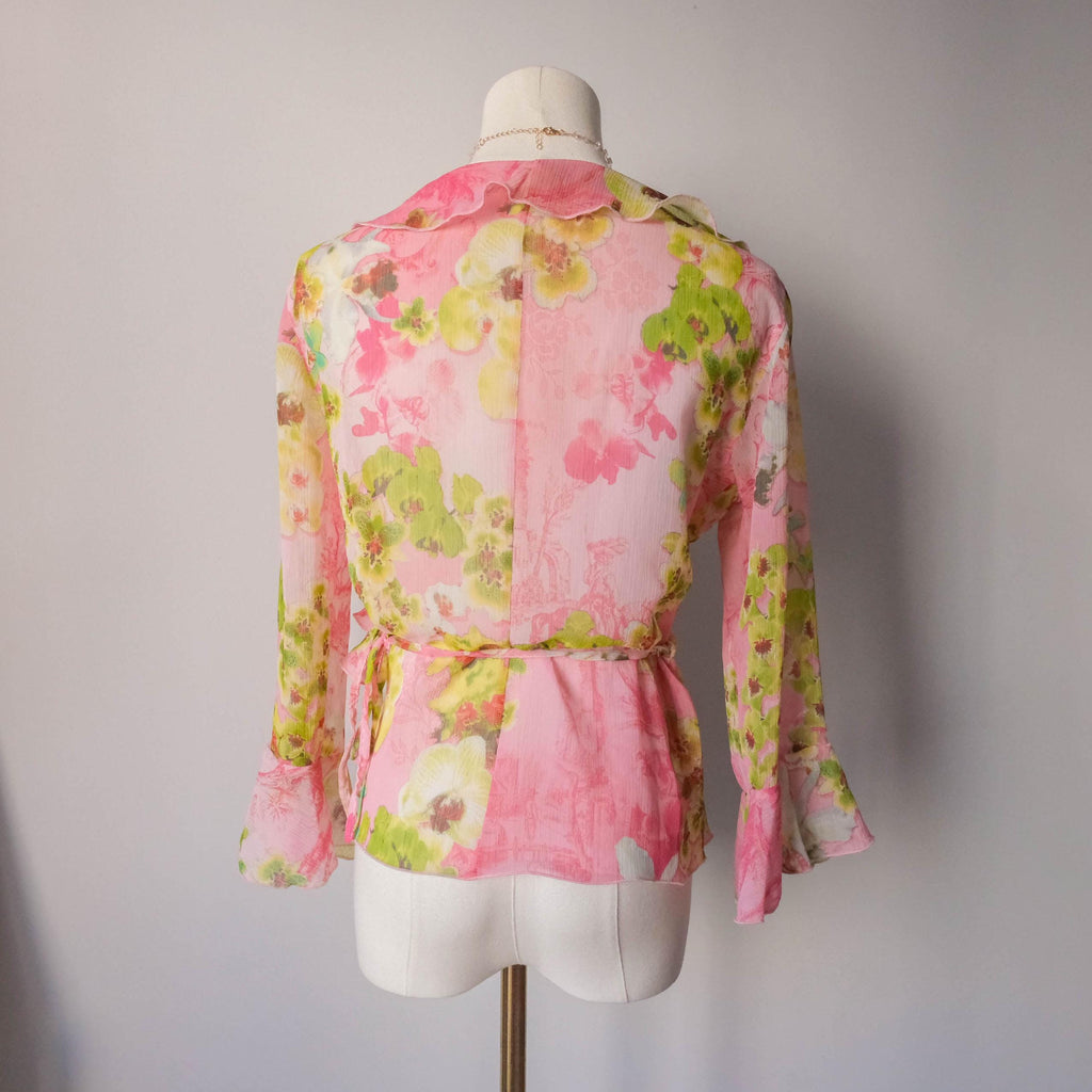 Vintage Y2K Tropical Vibe Wrapped Ruffled Blouse