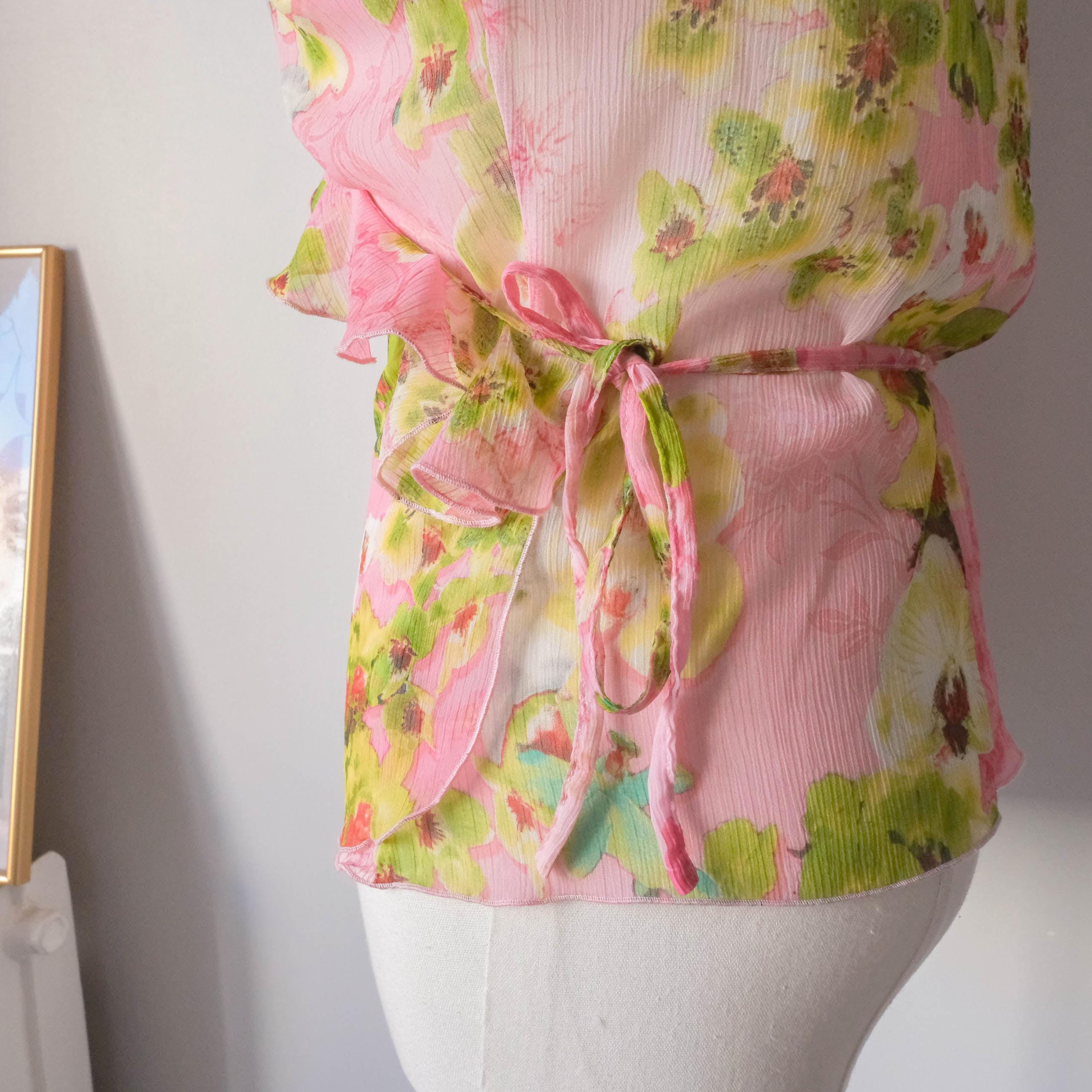 Vintage Y2K Tropical Vibe Wrapped Ruffled Blouse