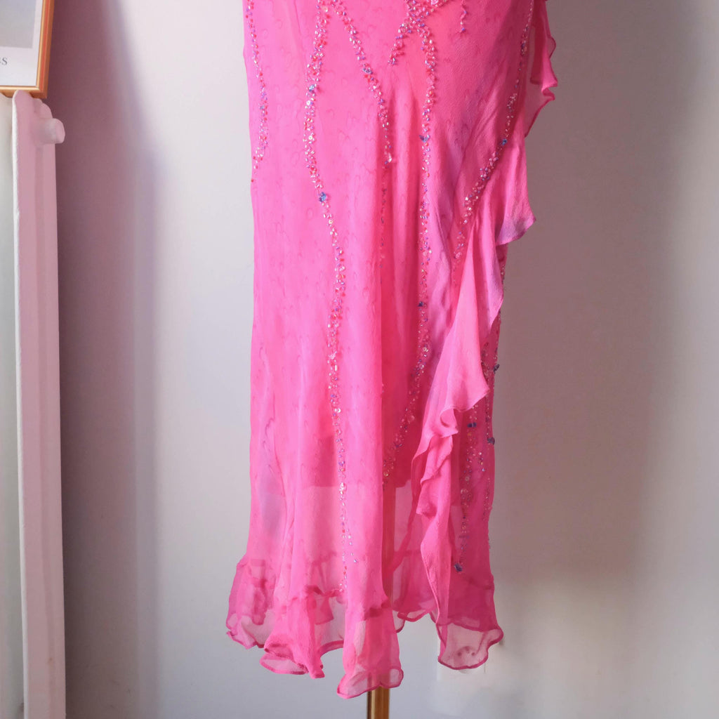 Vintage Beaded Water-Print Ruffle Gown Dress
