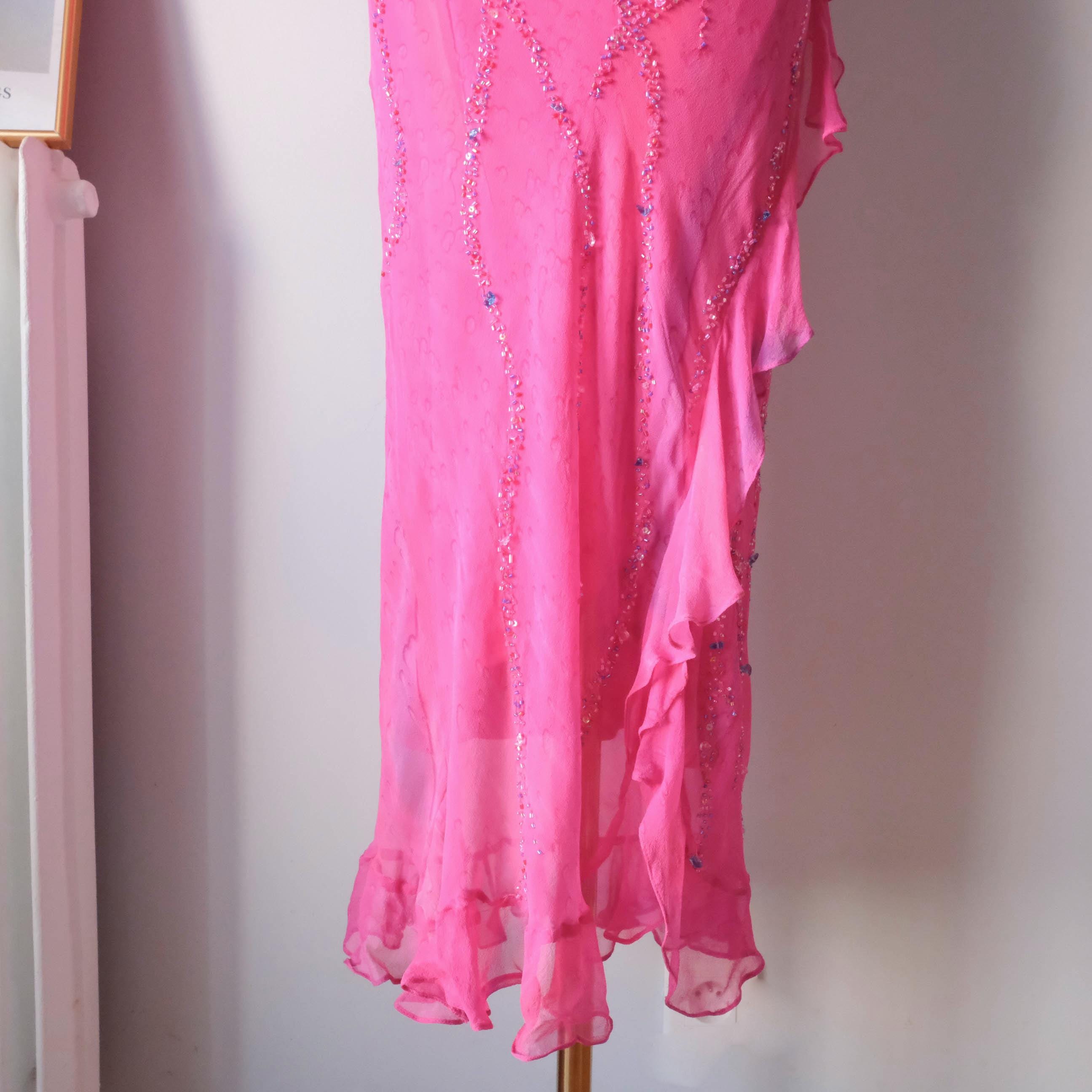 Vintage Beaded Water-Print Ruffle Gown Dress