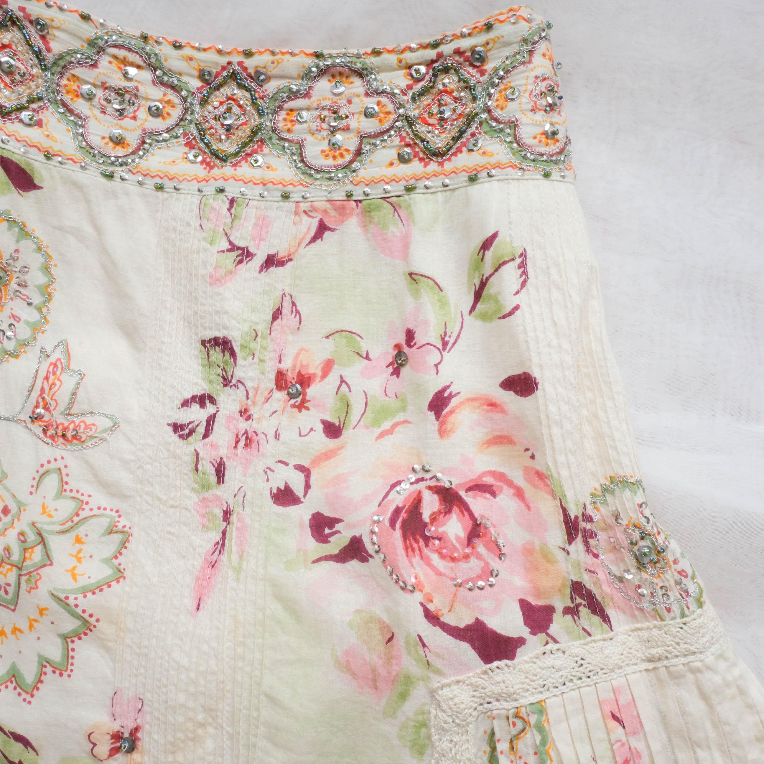 DERHY Beautiful Vintage Cottage Fairy Floral Embellisment Midi Skirt