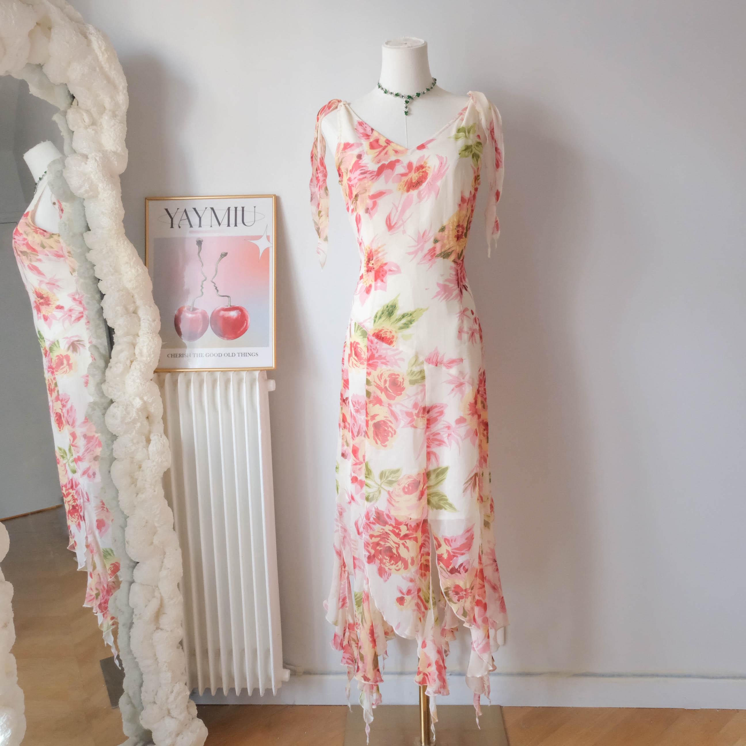 Vintage Romantic Beaded Fringe Floral Dress