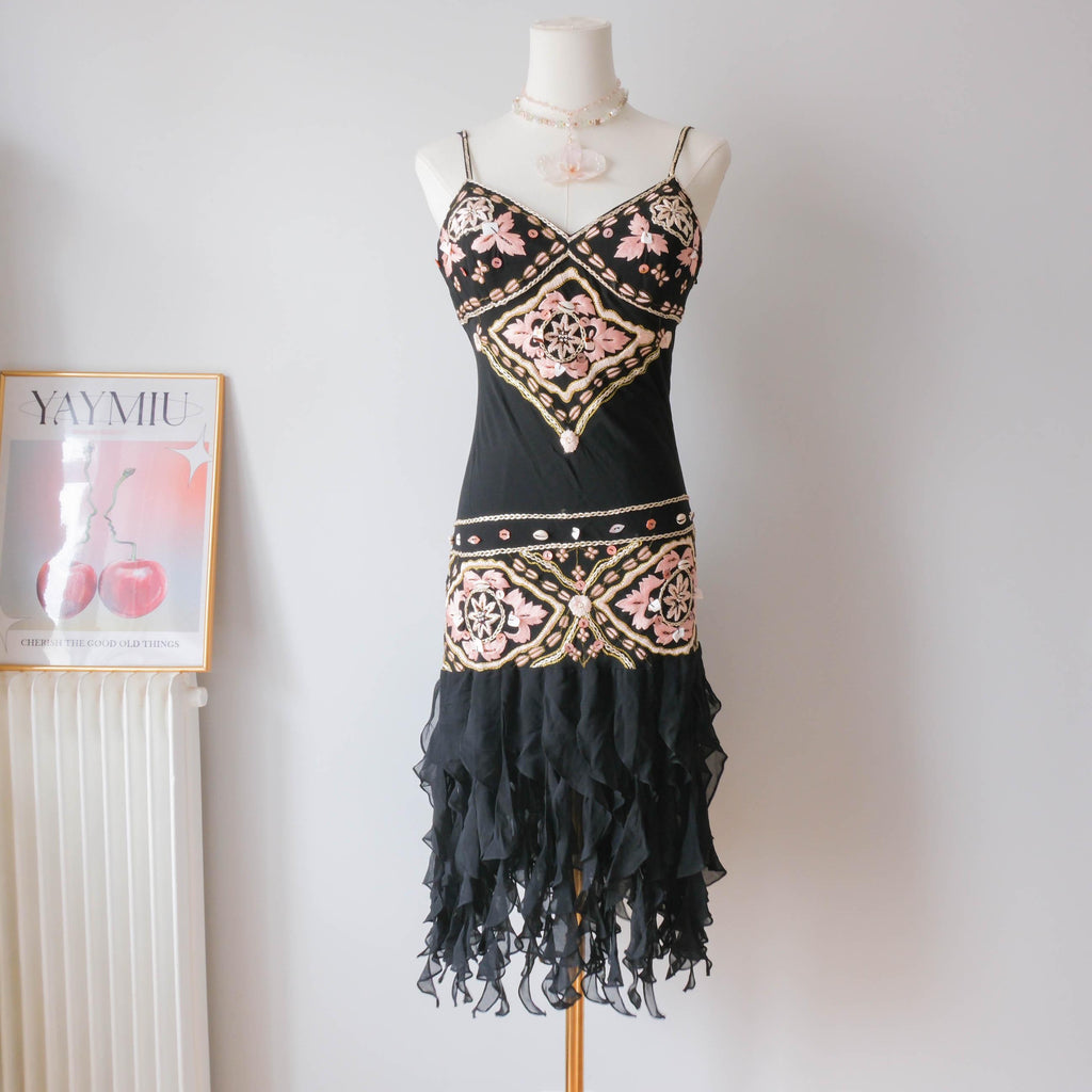 Vintage Black Silk & Seashell Bead Embellished Ruffle Midi Dress Gown