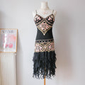 Vintage Black Silk & Seashell Bead Embellished Ruffle Midi Dress Gown