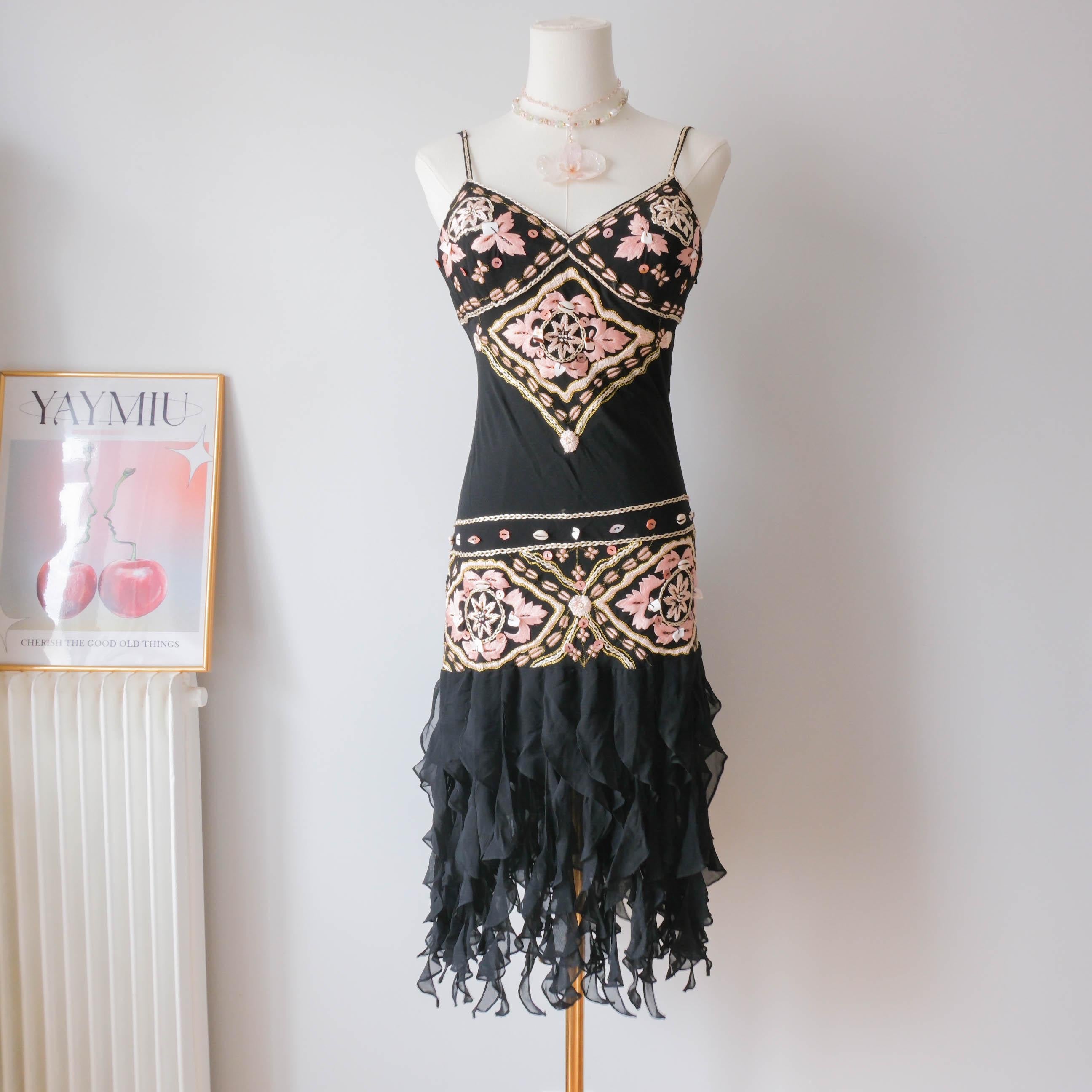 Vintage Black Silk & Seashell Bead Embellished Ruffle Midi Dress Gown