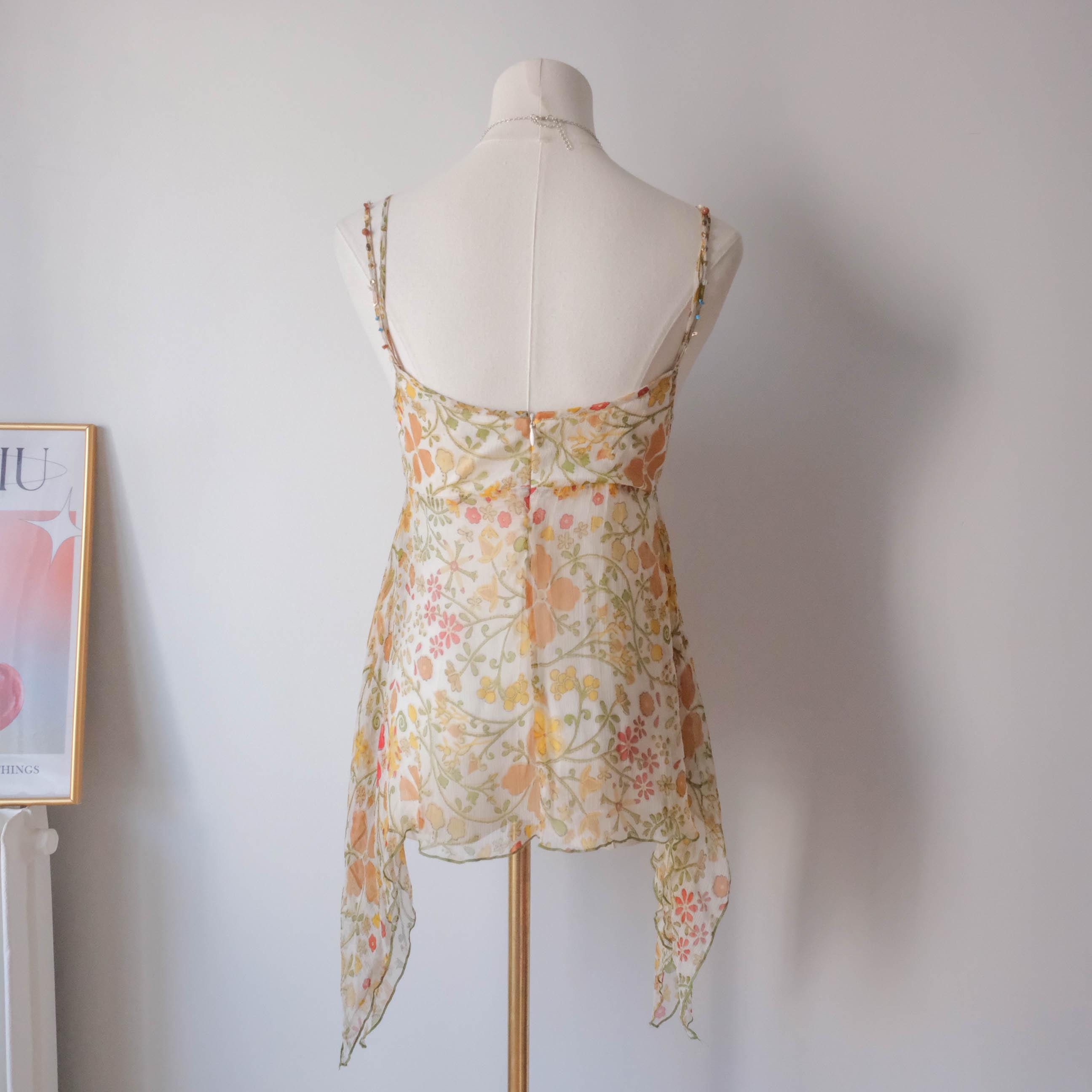 Festival Summer Beach Vintage Sheer Beaded Fairy Floral Cami Top