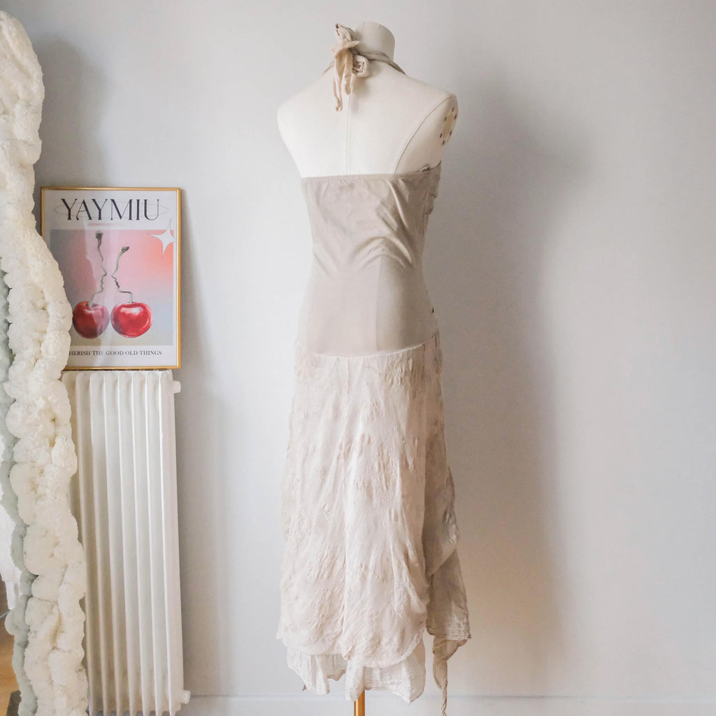 Vintage 90s 00s Retro Boho Fairy Grunge Cottage Silk Halter Dress - Grey