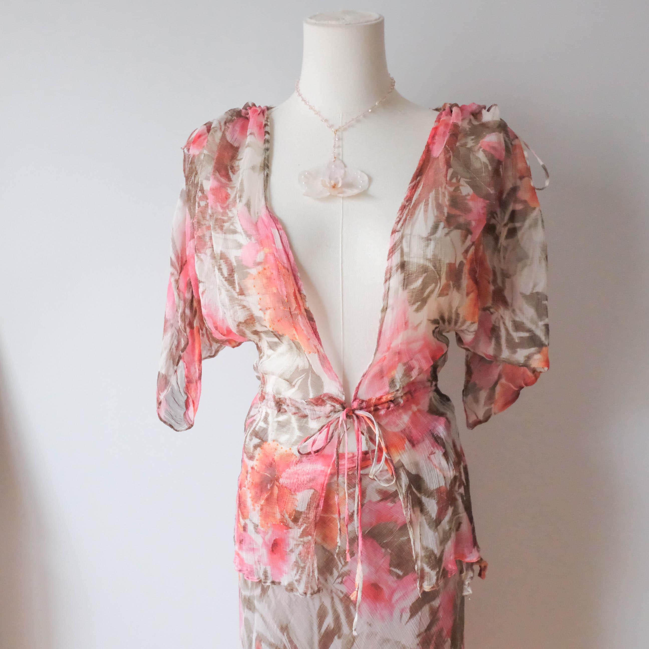 Vintage Floral Hibicus Silk Chiffon Co-ord Skirt Set
