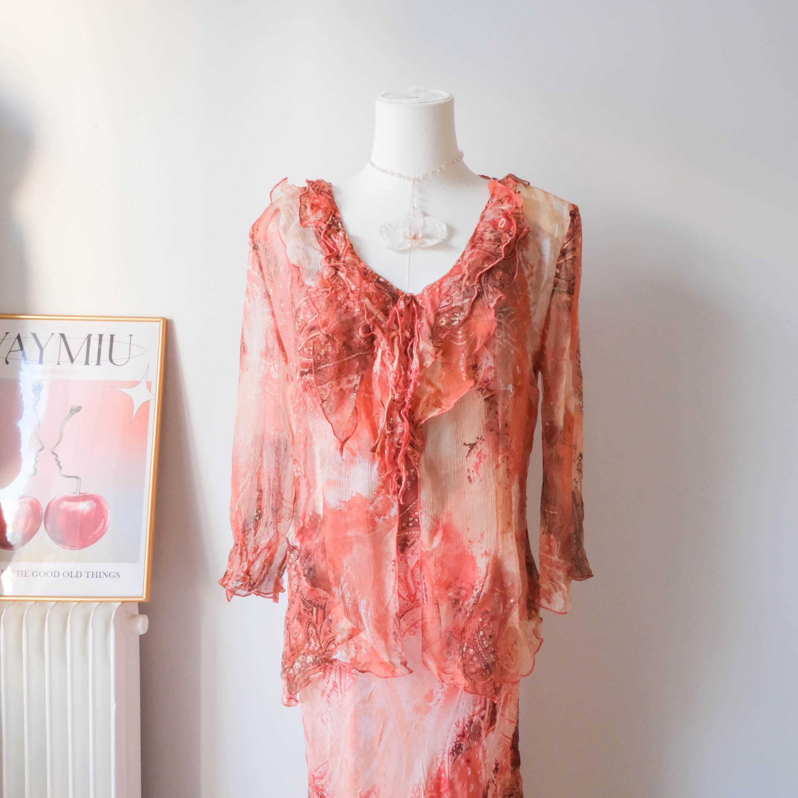 French Vintage Boho Cottage Glam Grunge Silk Bolero Dress Set