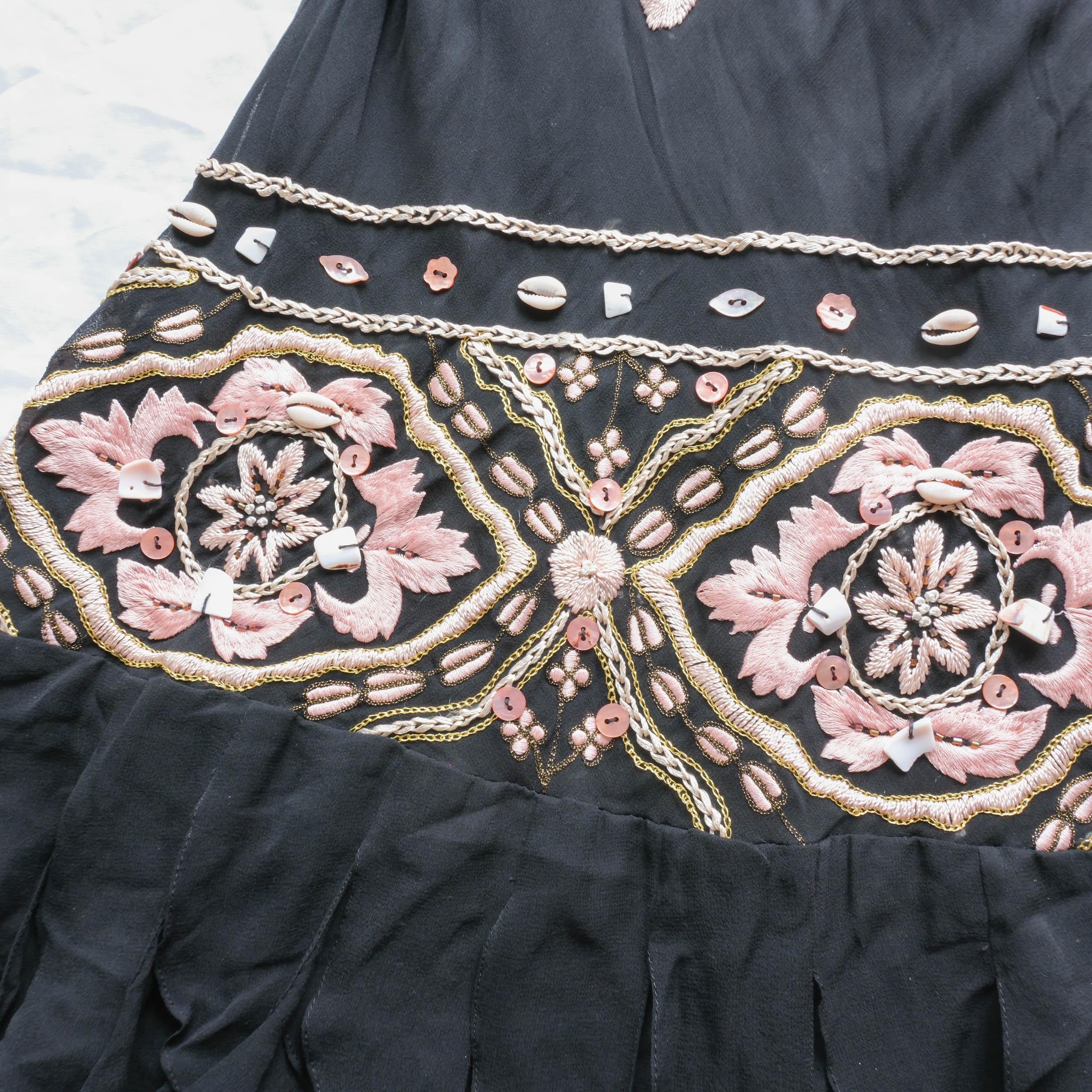 Vintage Black Silk & Seashell Bead Embellished Ruffle Midi Dress Gown