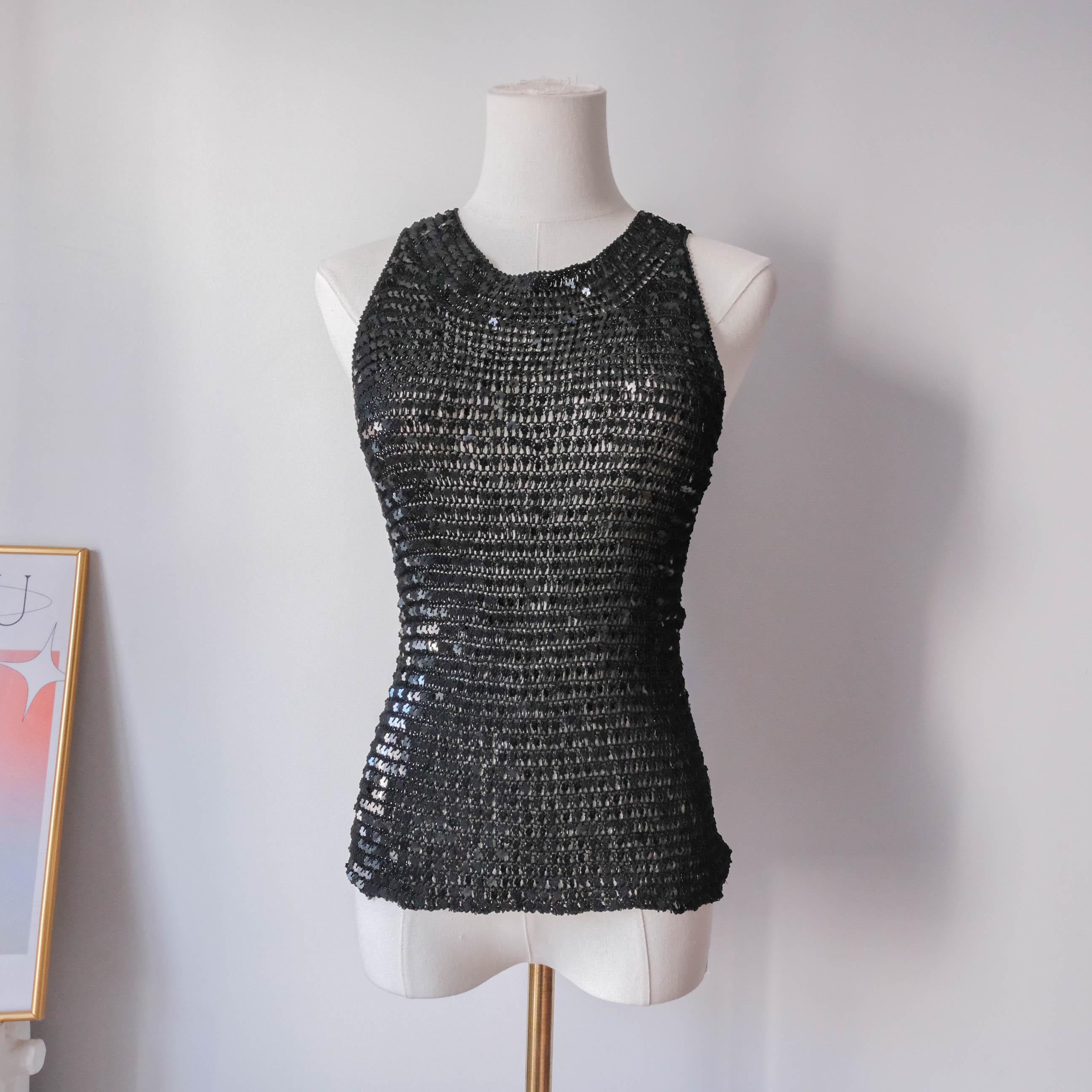 Vintage Rare Beach Ibiza Festival Party Crochet Sequins Tank Top with cut out back
