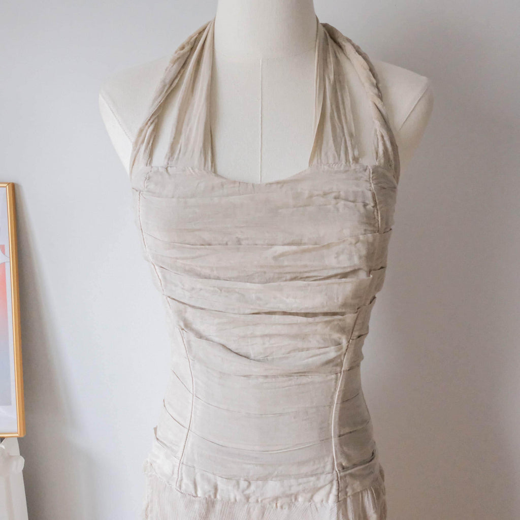 Vintage 90s 00s Retro Boho Fairy Grunge Cottage Silk Halter Dress - Grey
