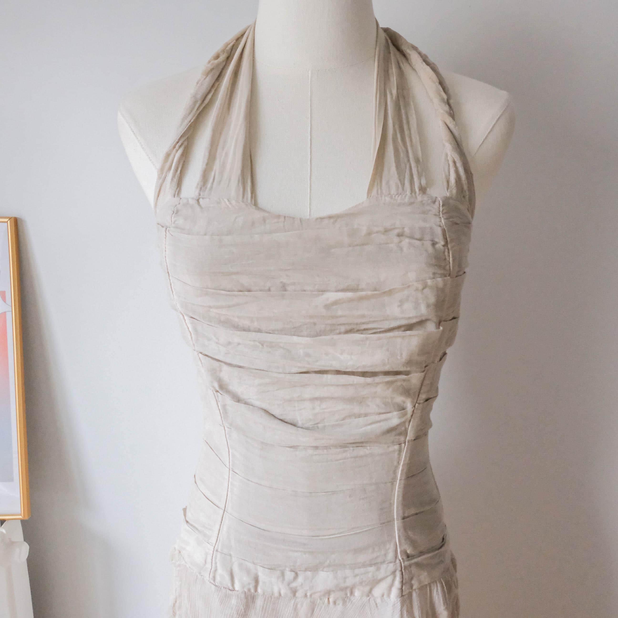 Vintage 90s 00s Retro Boho Fairy Grunge Cottage Silk Halter Dress - Grey